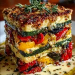 Layered Mediterranean Eggplant, Zucchini, Yellow & Red Bell Pepper Lasagna with Creamy Garlic Herb Three-Cheese Drizzle