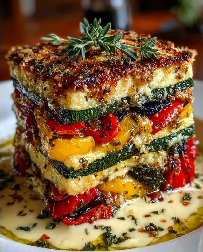 Layered Mediterranean Eggplant, Zucchini, Yellow & Red Bell Pepper Lasagna with Creamy Garlic Herb Three-Cheese Drizzle
