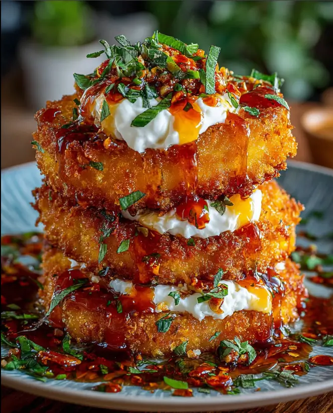 Crispy Sweet Potato Cakes with Feta Cream and Sriracha Honey