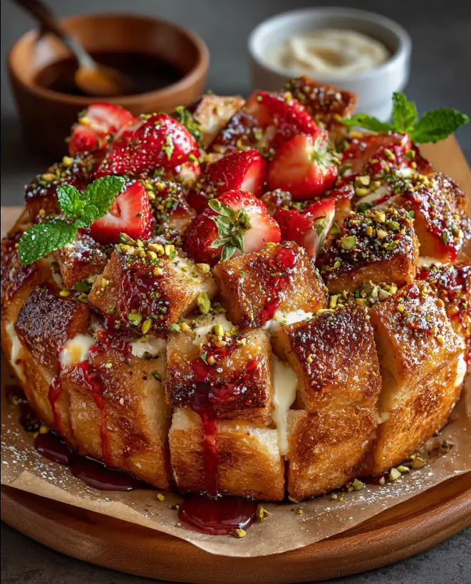 Strawberry Brie Pull-Apart Bread with Pistachio Crunch