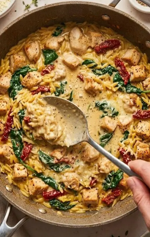 Creamy Tuscan Chicken Orzo with Spinach & Sun-Dried Tomatoes