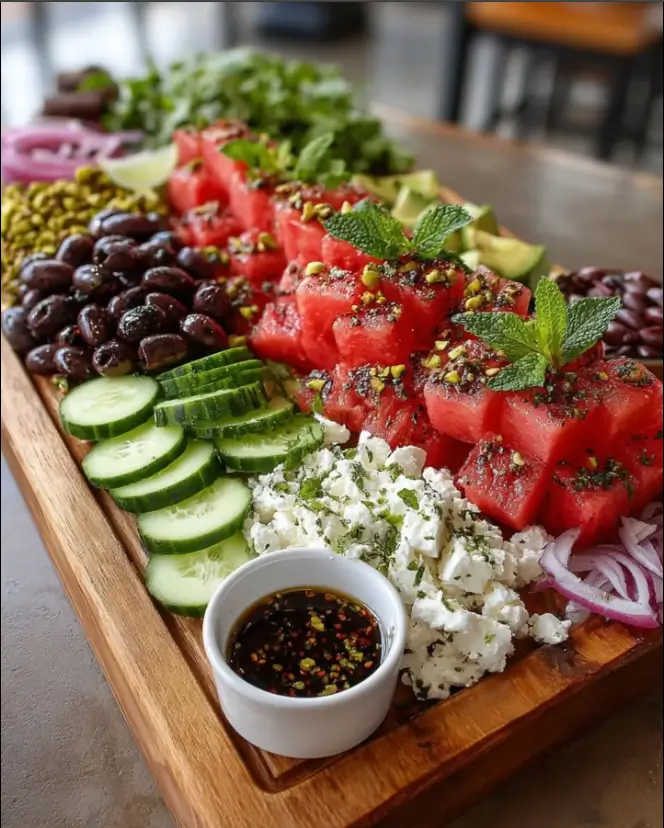 Watermelon Feta Board Salad with Mint, Cucumber, Olives & Chili Lime Herb Drizzle