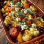Oven-Roasted Root Vegetables with Feta Crumbles, Almond Crunch & Maple Cranberry Glaze