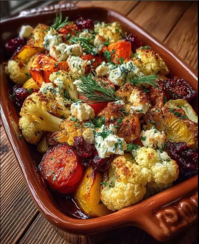 Oven-Roasted Root Vegetables with Feta Crumbles, Almond Crunch & Maple Cranberry Glaze