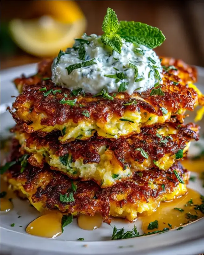 Golden Crispy Zucchini Fritters with Whipped Feta-Mint Dip & Lemon Honey