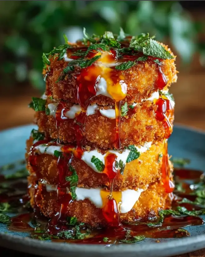 Crispy Sweet Potato Cakes with Feta Cream & Sriracha Honey