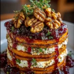 Gourmet Sweet Potato & Feta Stack with Caramelized Walnuts & Sticky Cranberry Drizzle