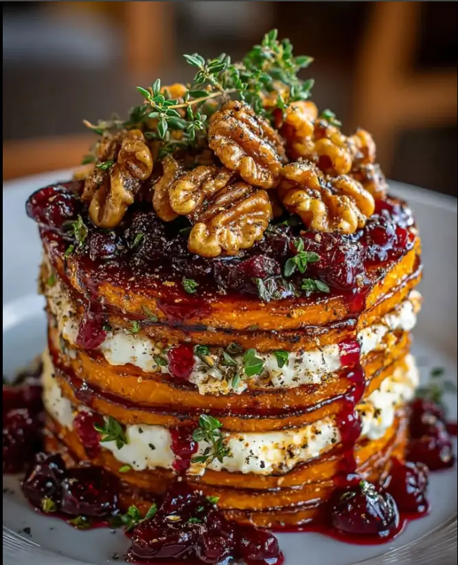Gourmet Sweet Potato & Feta Stack with Caramelized Walnuts & Sticky Cranberry Drizzle