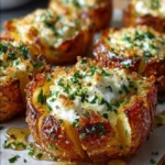 Crispy Parmesan Smashed Potatoes with Feta Cream and Honey Drizzle
