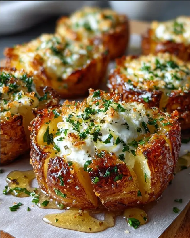 Crispy Parmesan Smashed Potatoes with Feta Cream and Honey Drizzle