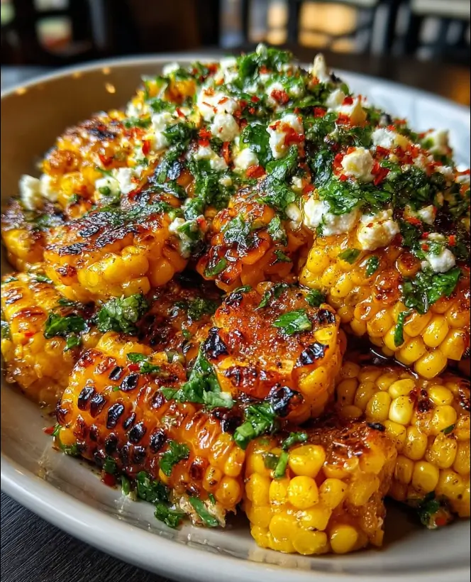 Charred Corn with Whipped Feta, Chili Lime and Fresh Cilantro