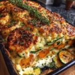 Layered Sweet Potato, Zucchini & Crispy Halloumi Lasagna with Whipped Garlic Feta & Chili Honey