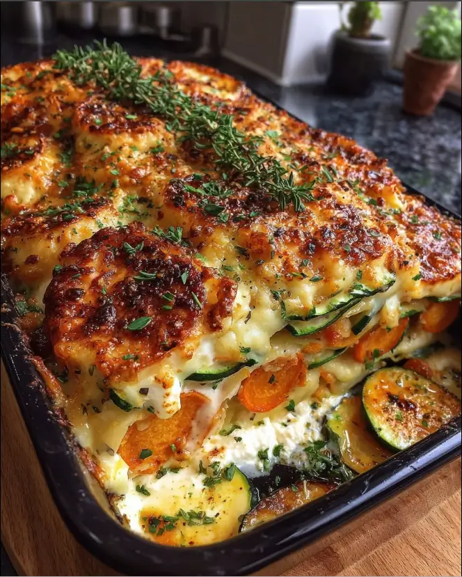 Layered Sweet Potato, Zucchini & Crispy Halloumi Lasagna with Whipped Garlic Feta & Chili Honey