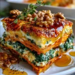 Layered Sweet Potato, Spinach & Goat Cheese Lasagna with Walnuts & Maple Honey Sauce