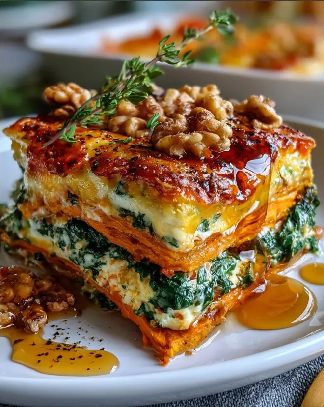 Layered Sweet Potato, Spinach & Goat Cheese Lasagna with Walnuts & Maple Honey Sauce