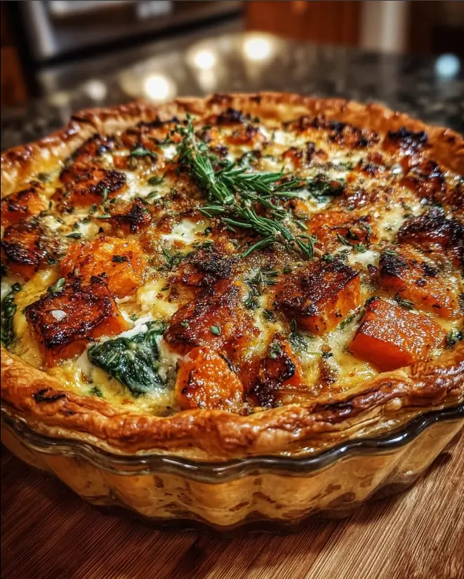 Cozy Winter-Warmer Layered Sweet Potato & Pumpkin Pot Pie with Whipped Garlic Feta & Spicy Pecan Crust