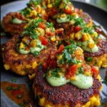 Crispy Corn & Sweet Potato Fritters with Hot Honey Avocado Crema