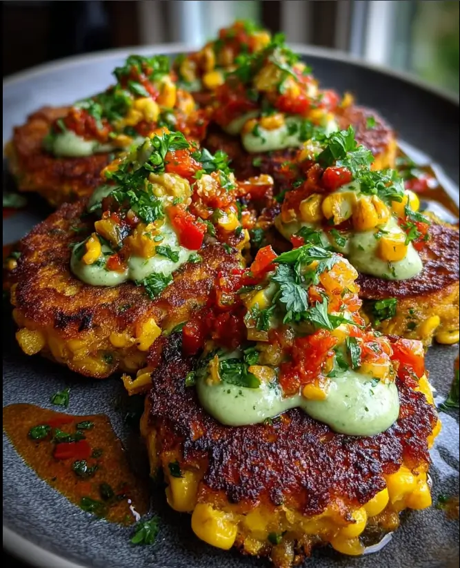 Crispy Corn & Sweet Potato Fritters with Hot Honey Avocado Crema