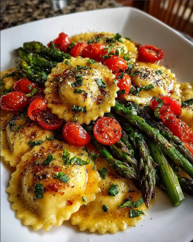 Ravioli with Tomatoes, Asparagus, Garlic, and Herbs