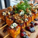 Golden Sweet Potato Skewers with Feta, Walnuts & Sticky Cranberry Maple