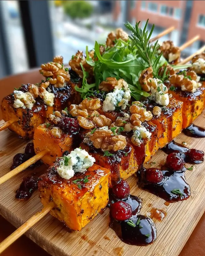 Golden Sweet Potato Skewers with Feta, Walnuts & Sticky Cranberry Maple
