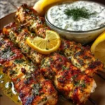 Low-Carb Chicken Souvlaki Skewers with Whipped Garlic Feta Dip