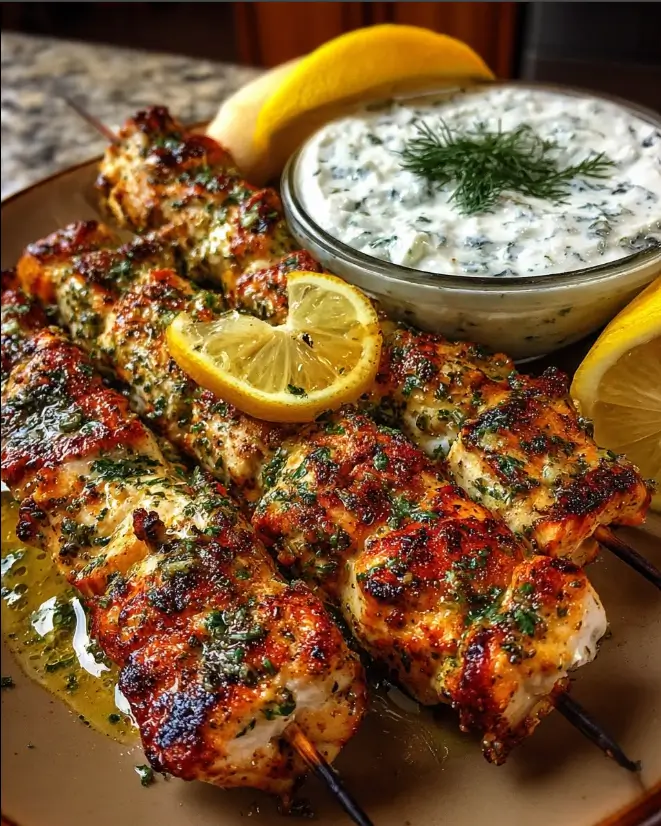 Low-Carb Chicken Souvlaki Skewers with Whipped Garlic Feta Dip