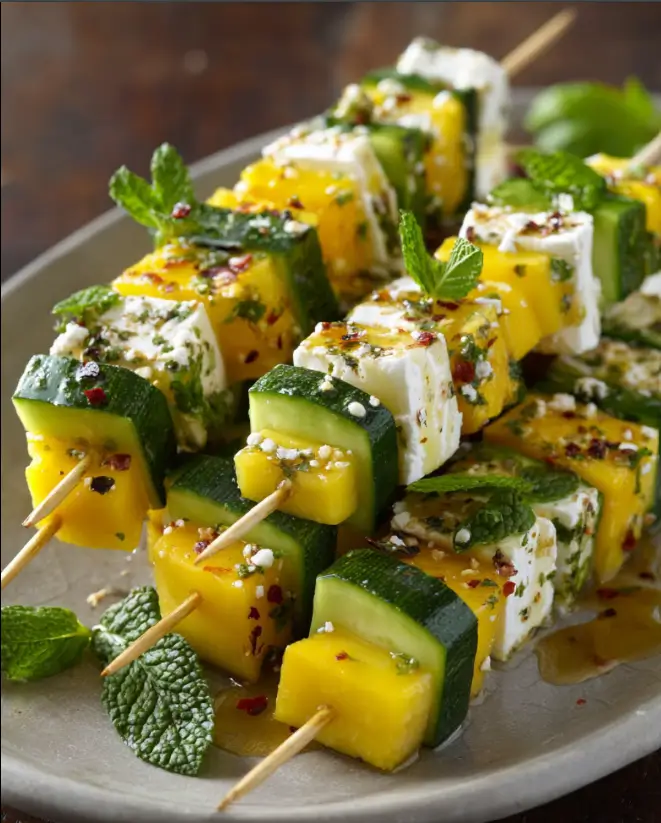 Cucumber, Mango & Feta Cubes with Hot Honey-Lime Drizzle