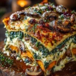 Layered Sweet Potato & Mushroom Lasagna with Spinach, Ricotta & Cranberry Honey Glaze