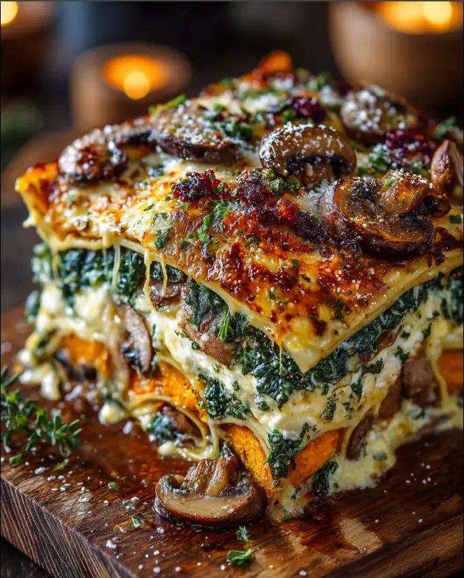 Layered Sweet Potato & Mushroom Lasagna with Spinach, Ricotta & Cranberry Honey Glaze