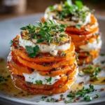 Crispy Baked Sweet Potato Stacks with Brie & Maple Honey Drizzle