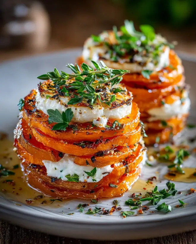 Crispy Baked Sweet Potato Stacks with Brie & Maple Honey Drizzle