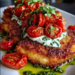 Crispy Chicken Cutlets with Whipped Feta, Roasted Tomatoes and Basil Oil