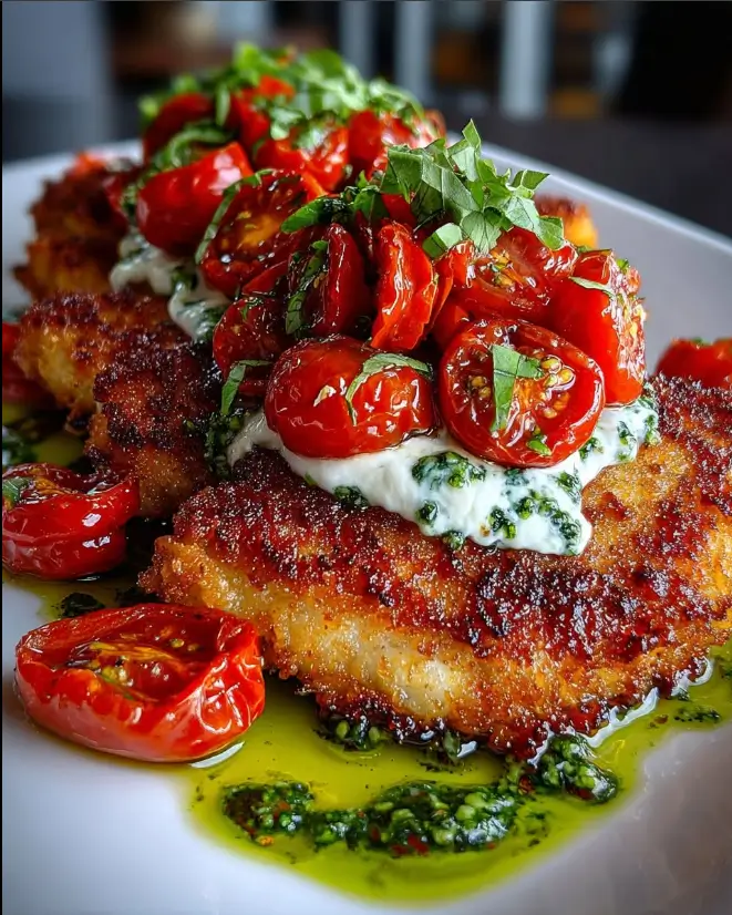 Crispy Chicken Cutlets with Whipped Feta, Roasted Tomatoes and Basil Oil