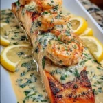 Creamy Garlic Shrimp-Topped Salmon with Lemon Herb Sauce