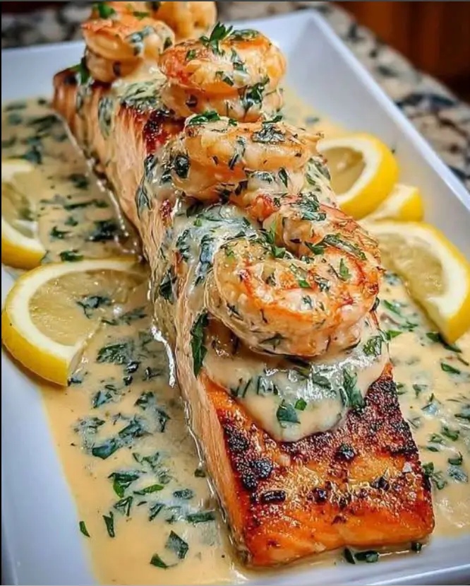 Creamy Garlic Shrimp-Topped Salmon with Lemon Herb Sauce