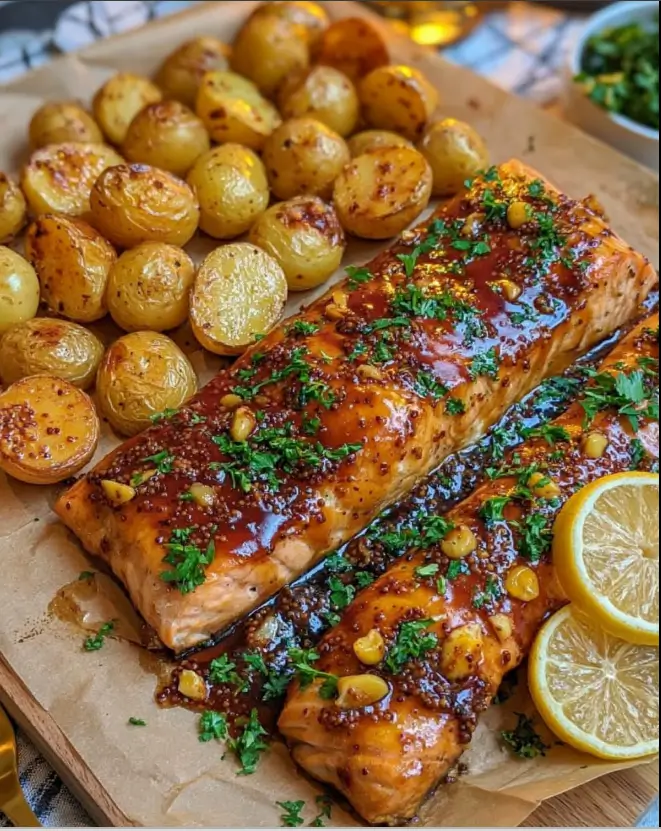 Maple Mustard Salmon with Crispy Potatoes
