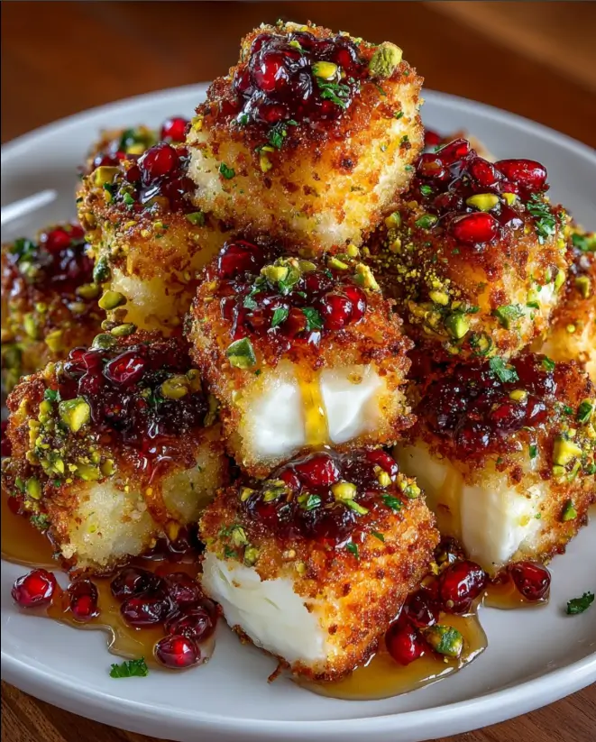 Pistachio-Crusted Brie Bites with Hot Honey Drizzle