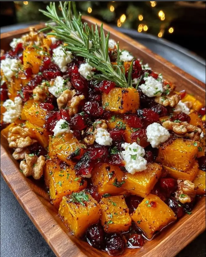 Caramelized Butternut Squash with Feta, Walnuts & Cranberry-Honey Glaze