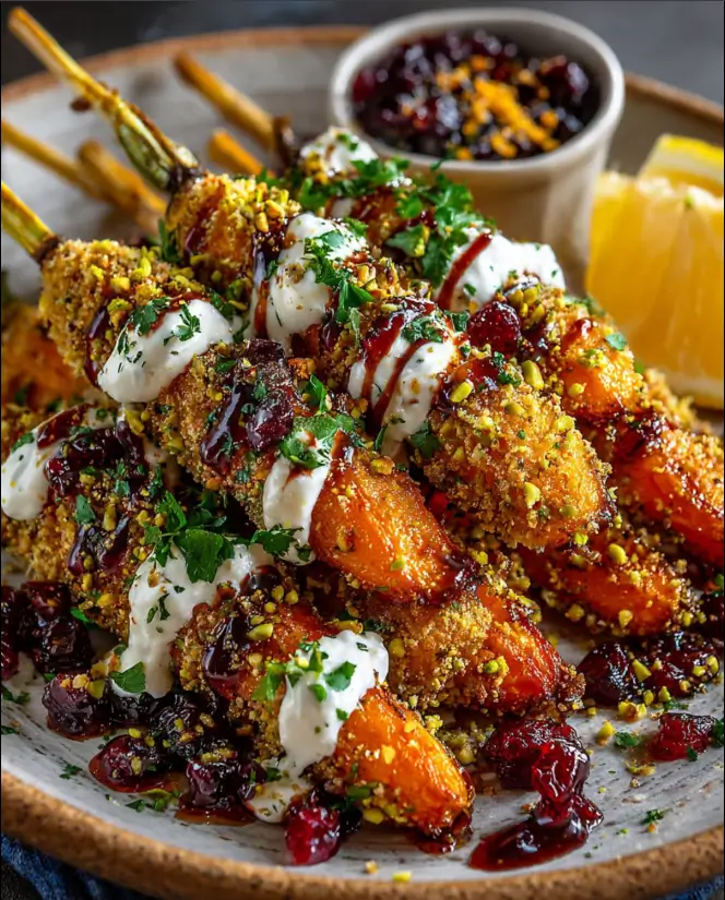 Pistachio-Crusted Carrot Skewers with Whipped Feta & Cranberry Drizzle