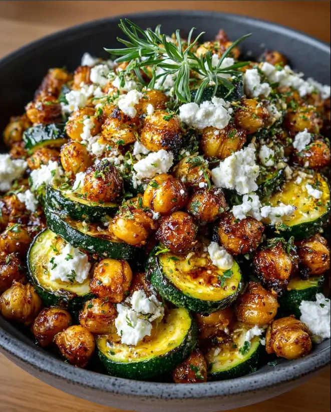 Crispy Chickpea & Roasted Zucchini Bowl with Hot Honey Feta