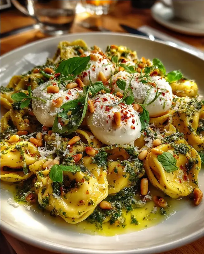 Lemon Pesto Tortellini with Burrata & Roasted Pine Nuts