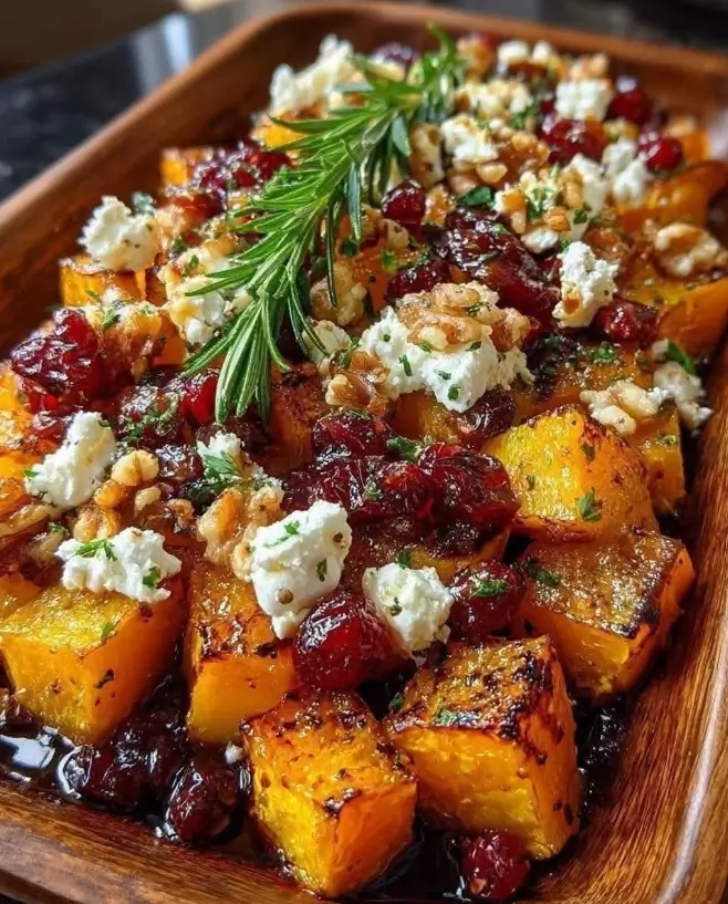 Caramelized Butternut Squash with Feta, Walnuts & Cranberry-Honey Glaze