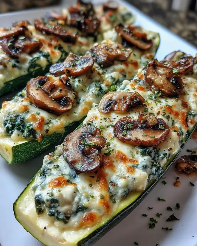 Spinach, Mushroom, and Ricotta Stuffed Zucchini Boats