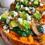 Stuffed Sweet Potatoes with Spinach, Avocado, Mushroom & Feta