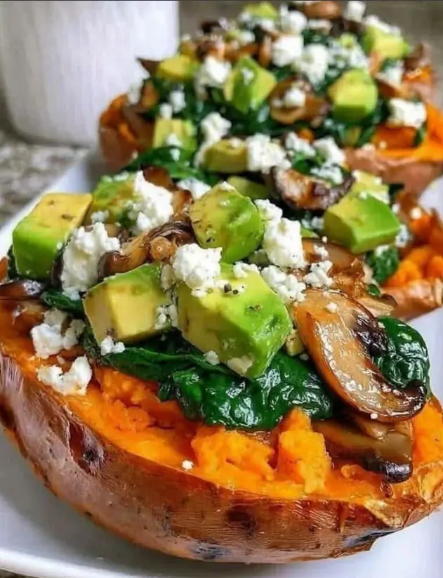 Stuffed Sweet Potatoes with Spinach, Avocado, Mushroom & Feta