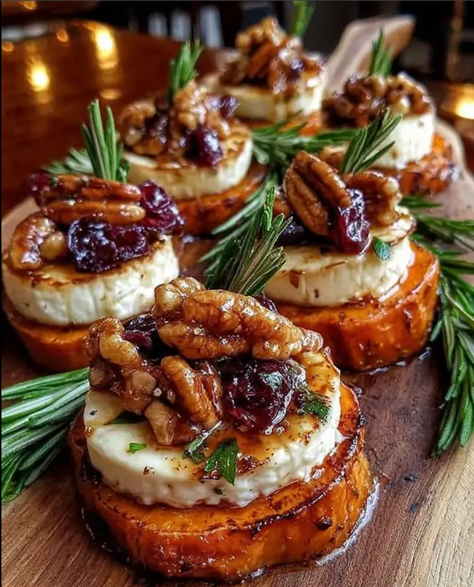 Sweet Potato Rounds with Brie, Cranberry & Toasted Pecans with Hot Honey Drizzle