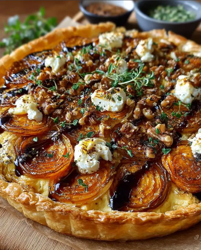 Sweet Potato & Caramelised Onion Tart with Brie, Thyme & Walnut Honey Crumble