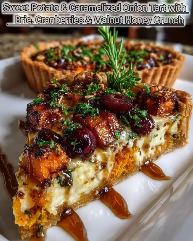Sweet Potato & Caramelized Onion Tart with Brie, Cranberries & Walnut Honey Crunch