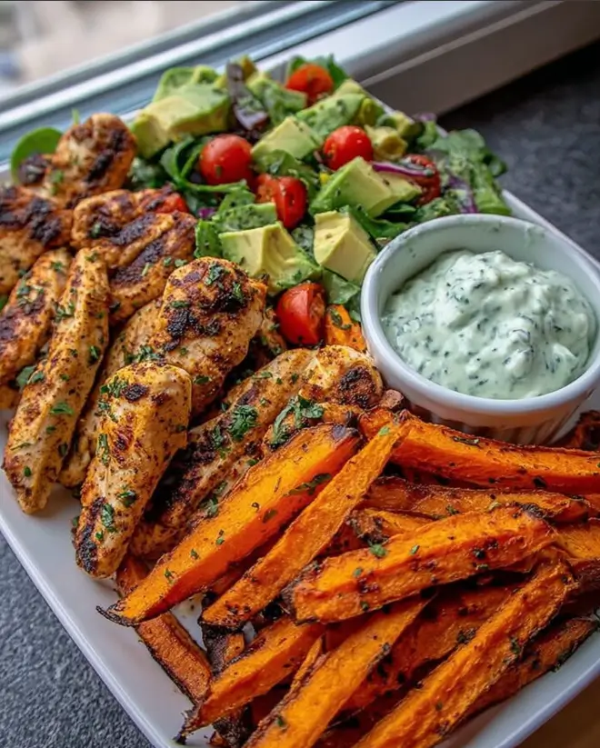 Ultimate Grilled Chicken & Sweet Potato Bowl with Avocado Salsa + Herbed Yogurt Dip